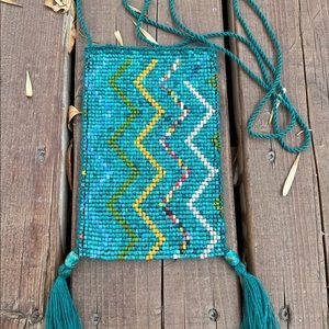 Hand made Boho Beaded Purse Bag Satchel Design gold turquoise hand painted beads